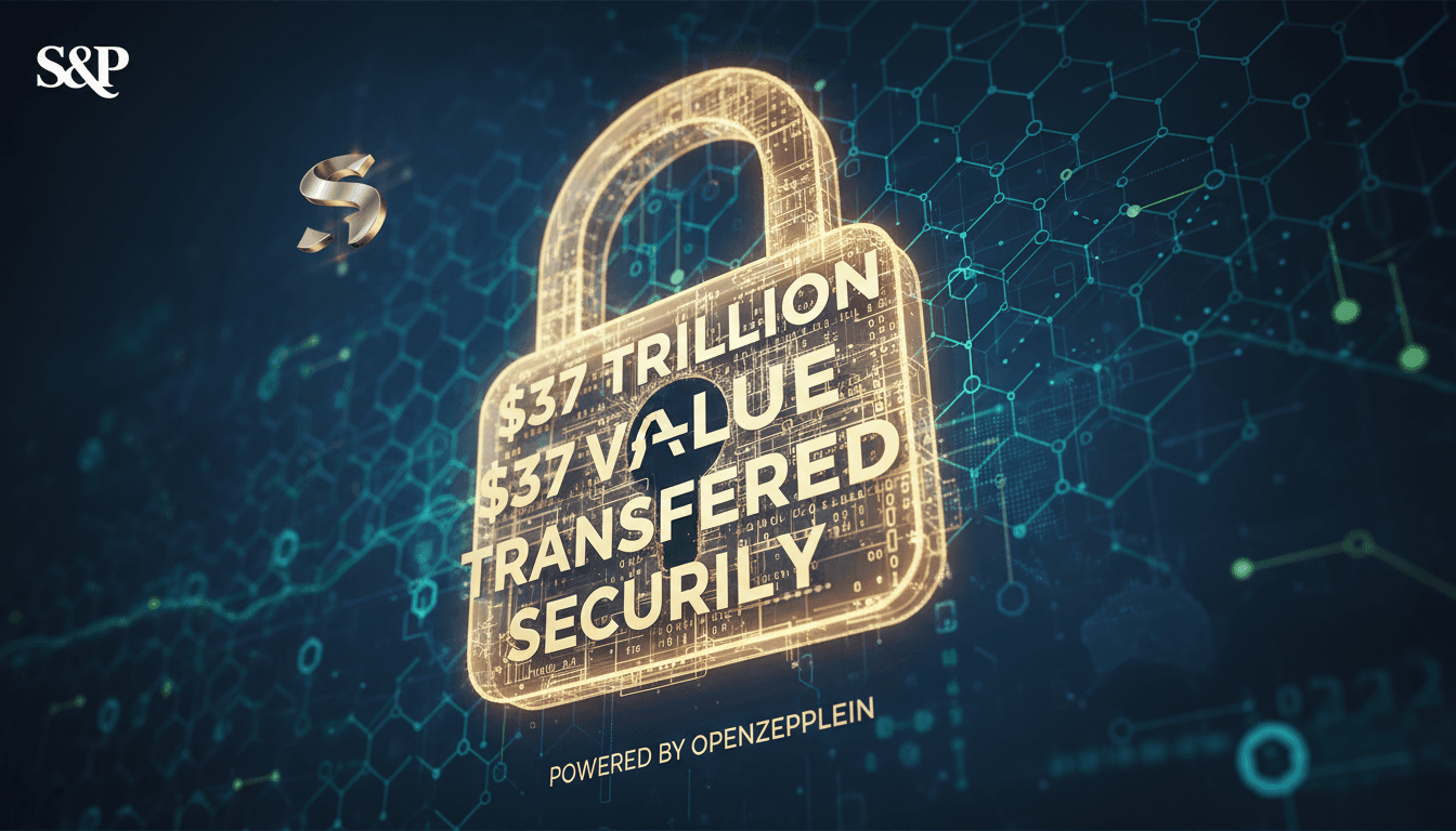 A graphic illustrating the $37 trillion value transferred through OpenZeppelin's infrastructure, emphasizing digital asset security.