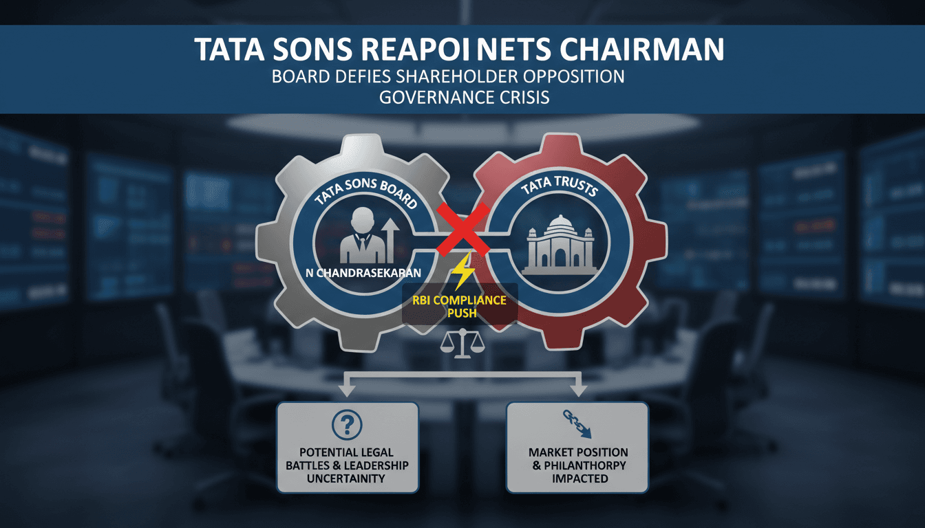 Infographic showing the governance crisis at Tata Sons, highlighting key players and potential outcomes.