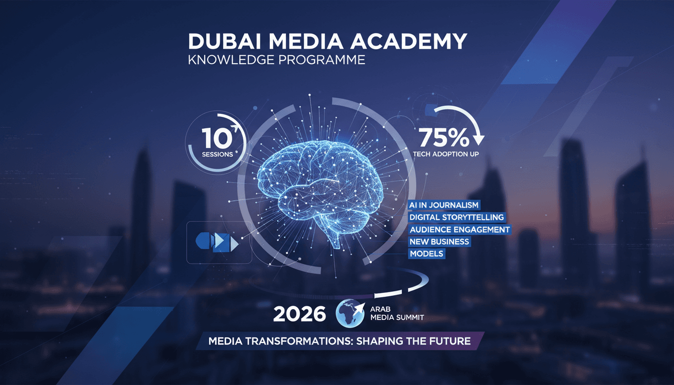 A visual representation of Dubai Media Academy's knowledge programme at the Arab Media Summit 2026, focusing on media transformations.