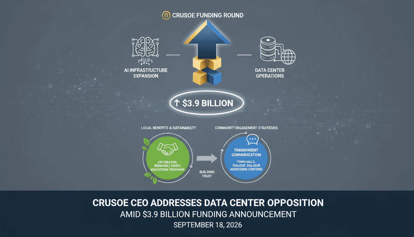 Infographic illustrating Crusoe's $3.9 billion funding and community engagement strategies in data center development.
