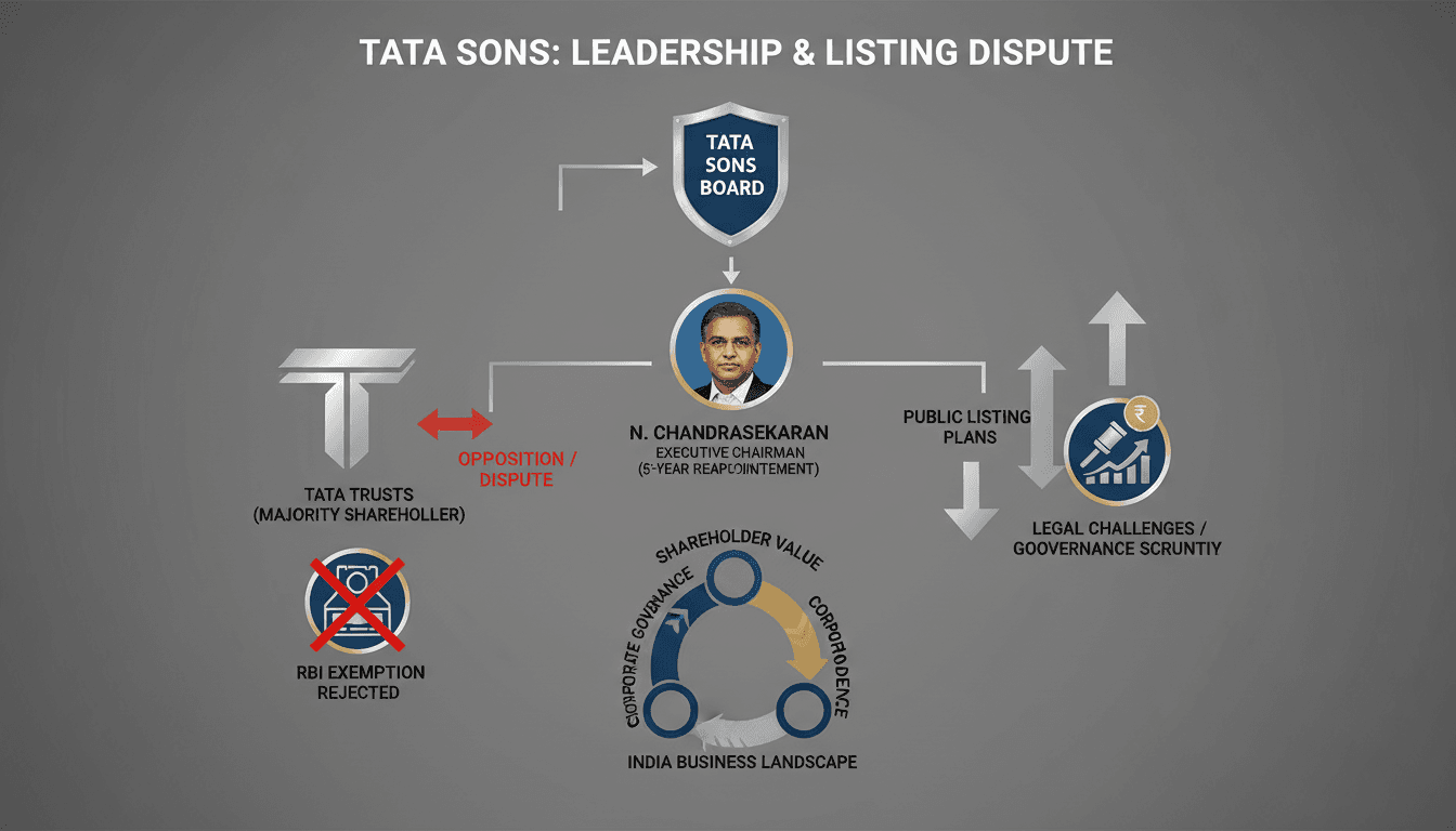 Infographic illustrating the governance structure and leadership dispute at Tata Sons.