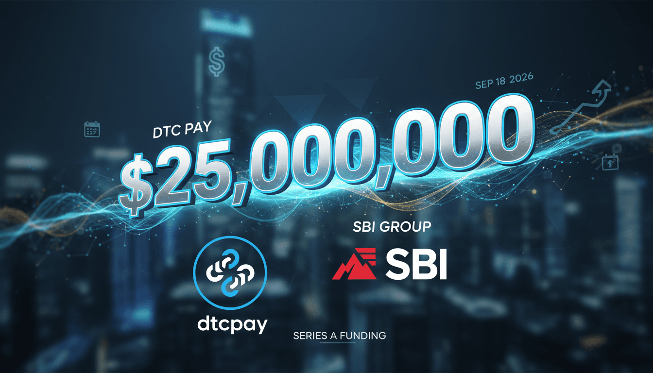 A graphic showing dtcpay's $25 million funding round with SBI Group's logo.