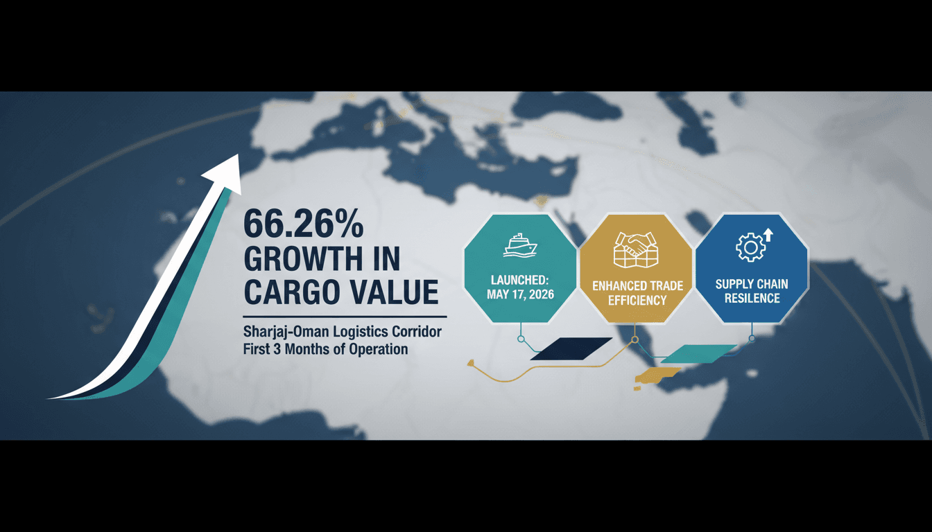 Infographic showing the 66.26% growth in cargo value for the Sharjah-Oman logistics corridor.