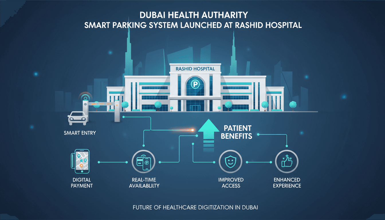 Infographic detailing the smart parking system at Rashid Hospital, highlighting patient access and technology features.