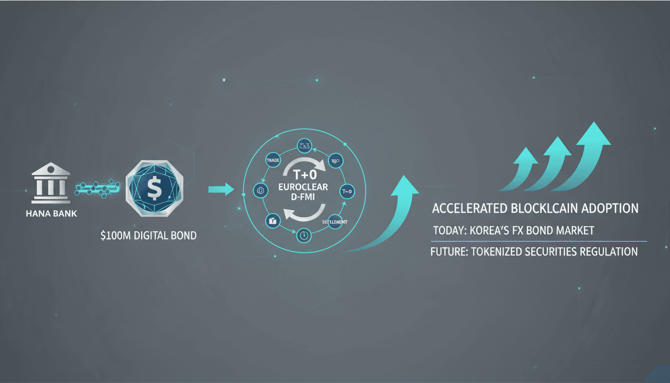 Infographic showing Hana Bank's $100 million digital bond and T+0 settlement process.