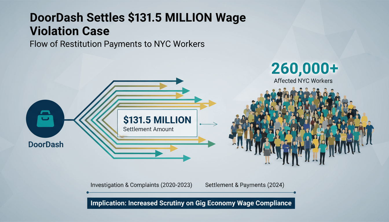 Infographic showing DoorDash's $131.5 million settlement and its impact on delivery workers in New York City.