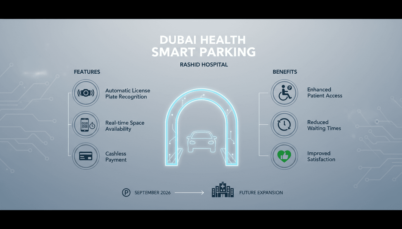 Infographic detailing the smart parking system at Rashid Hospital, highlighting features and benefits for patients.
