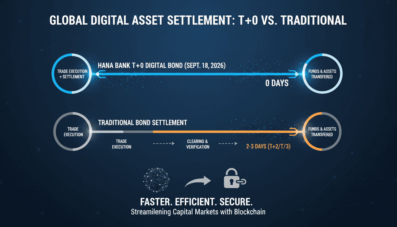 Infographic showing Hana Bank's T+0 digital bond issuance process and its impact on the bond market.
