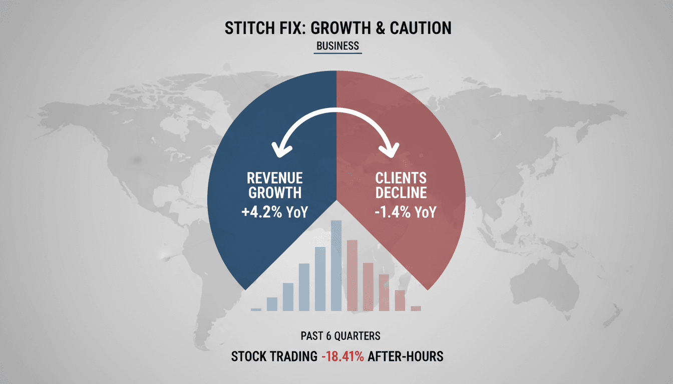 Infographic detailing Stitch Fix's Q4 2026 earnings, revenue growth, and client metrics.
