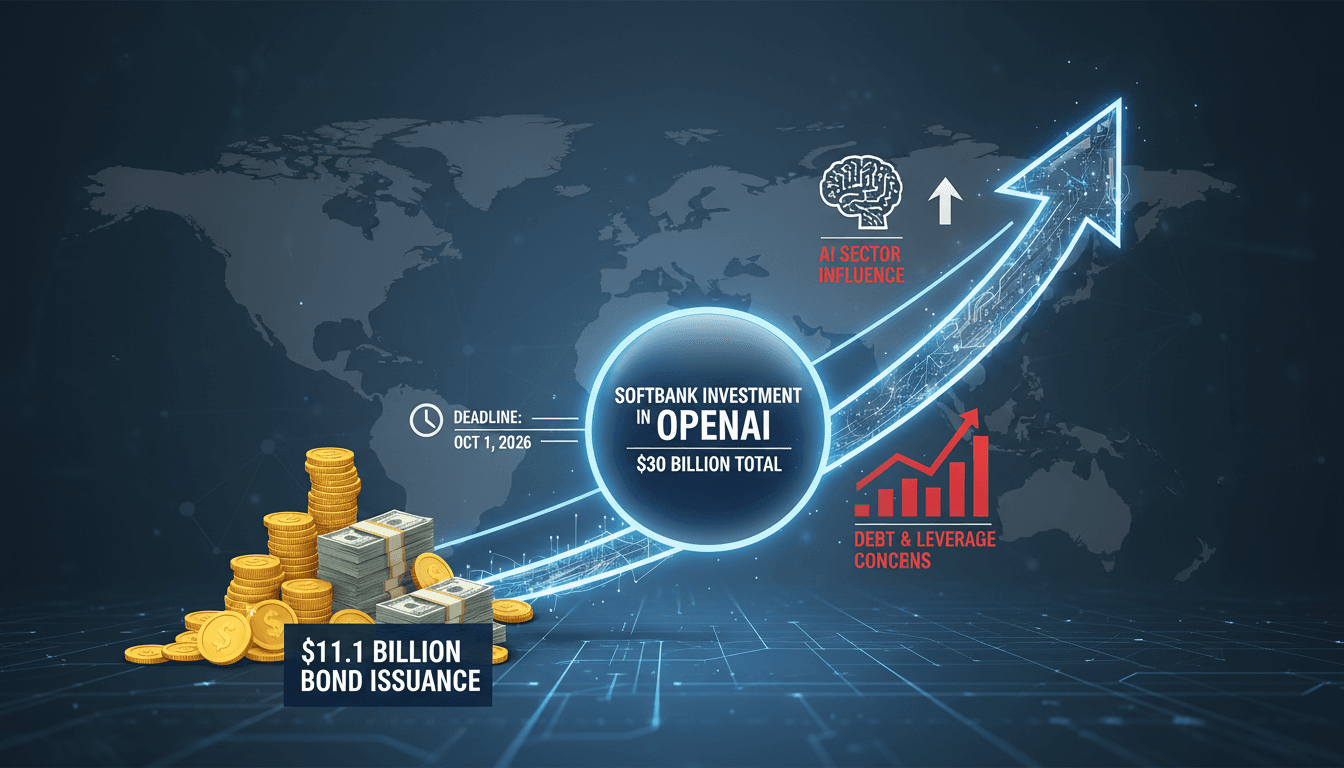 Infographic showing SoftBank's $11.1 billion bond issuance for OpenAI investment, highlighting key financial figures and market impact.