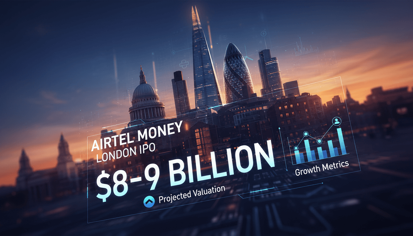 A graphic depicting Airtel Money's IPO plans and valuation against London's skyline.