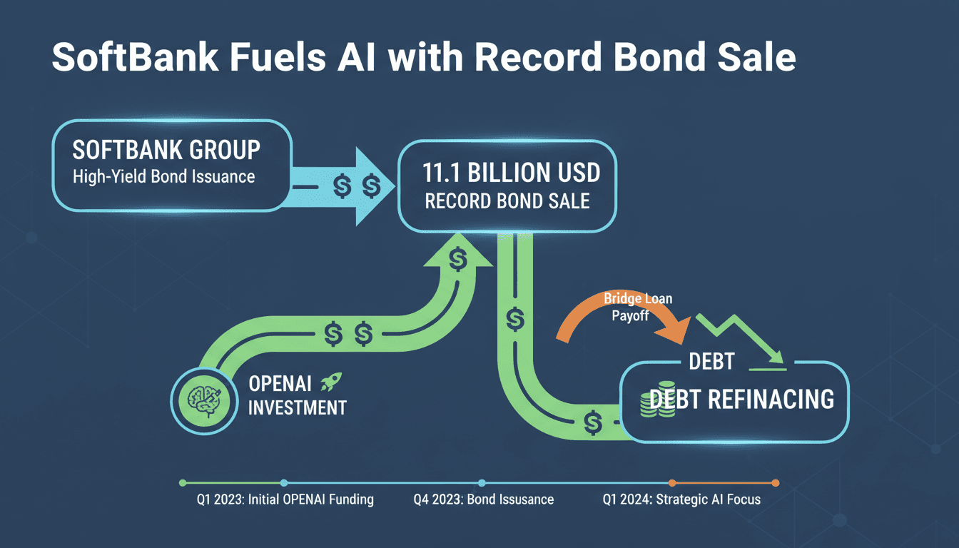 Infographic showing SoftBank's $11.1 billion bond issuance and its impact on OpenAI investment and refinancing.