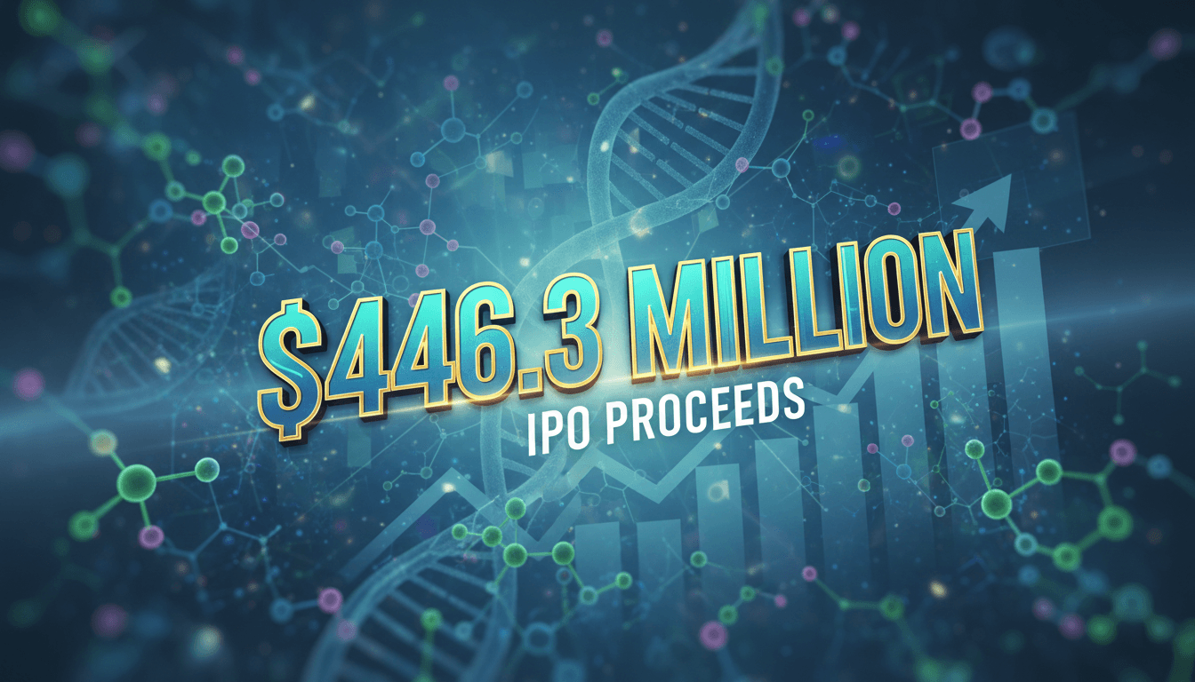 A graphic illustrating ADARx Pharmaceuticals' $446.3 million IPO, featuring biotech elements.