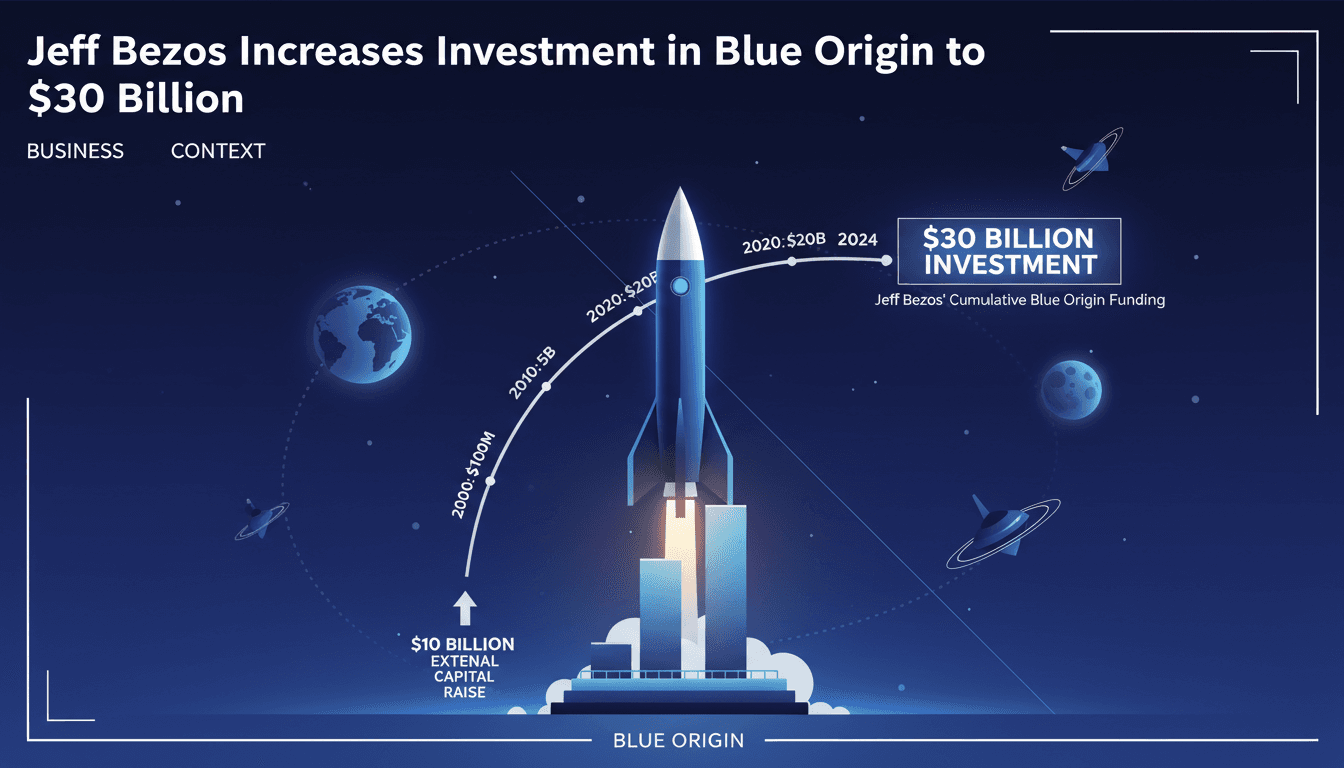 Infographic detailing Jeff Bezos' $30 billion investment in Blue Origin since its founding.