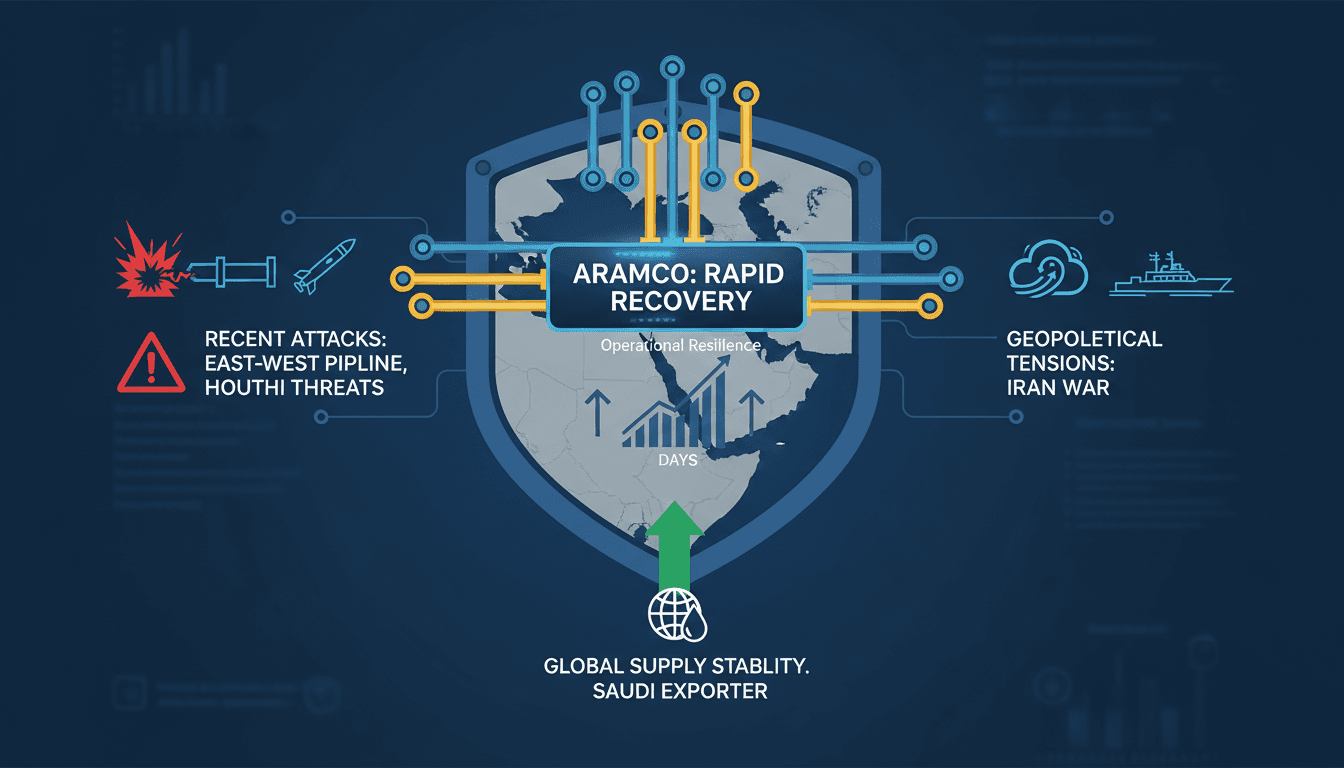 Infographic showing Aramco's pipeline capacity and operational resilience strategies.