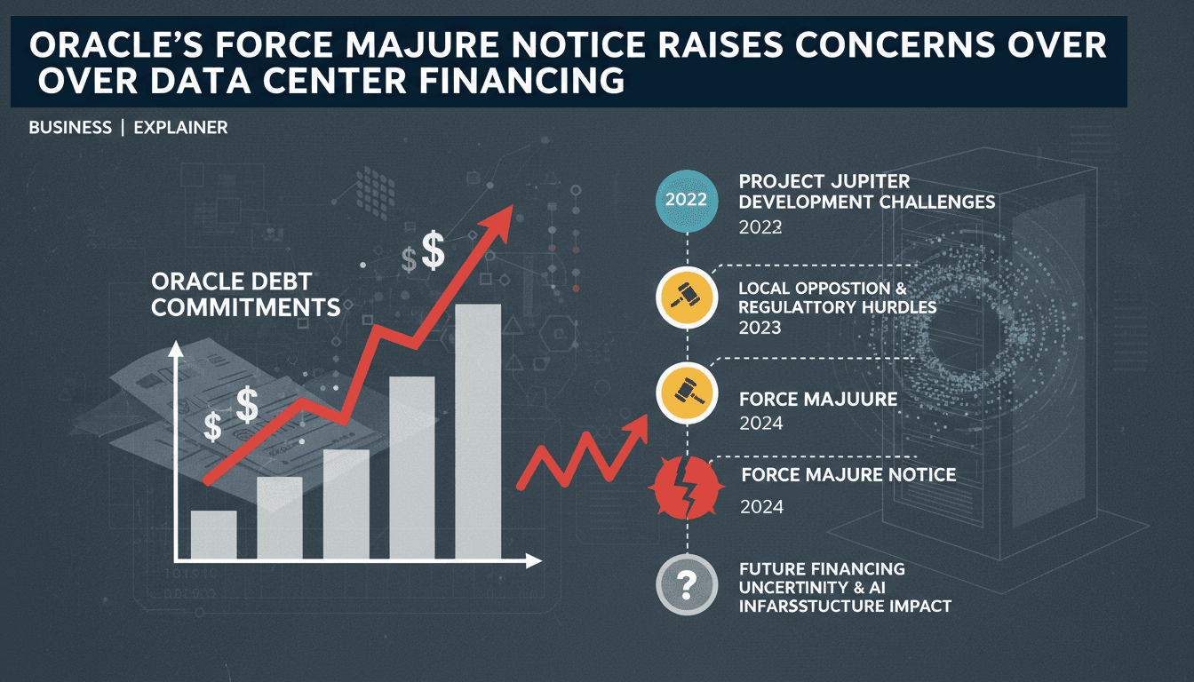 Infographic showing Oracle's rising debt commitments and Project Jupiter's development timeline.