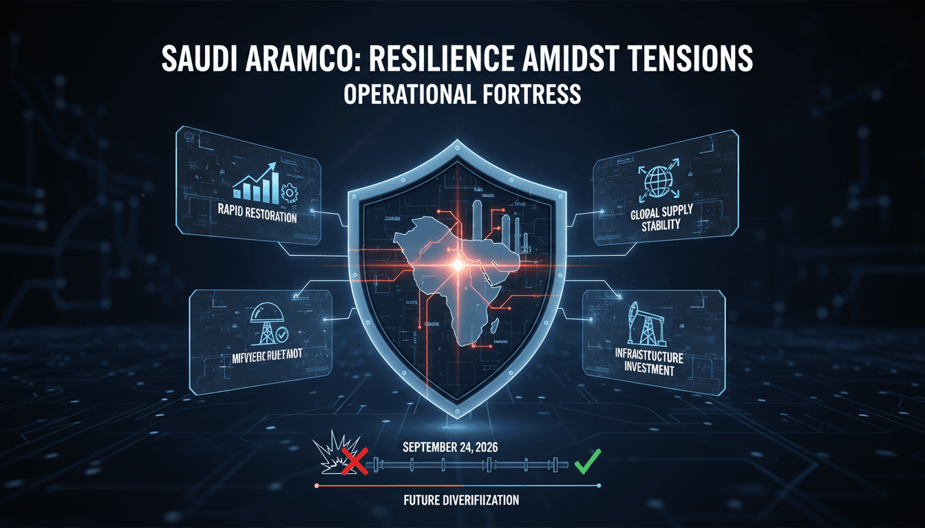 Infographic illustrating Saudi Aramco's operational capacity and resilience against disruptions in oil supply.