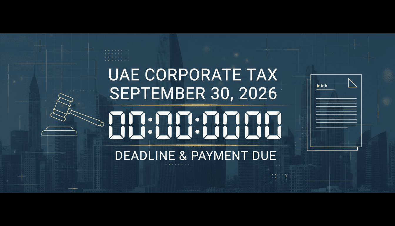 A countdown clock graphic highlighting the UAE corporate tax deadline of September 30, 2026.