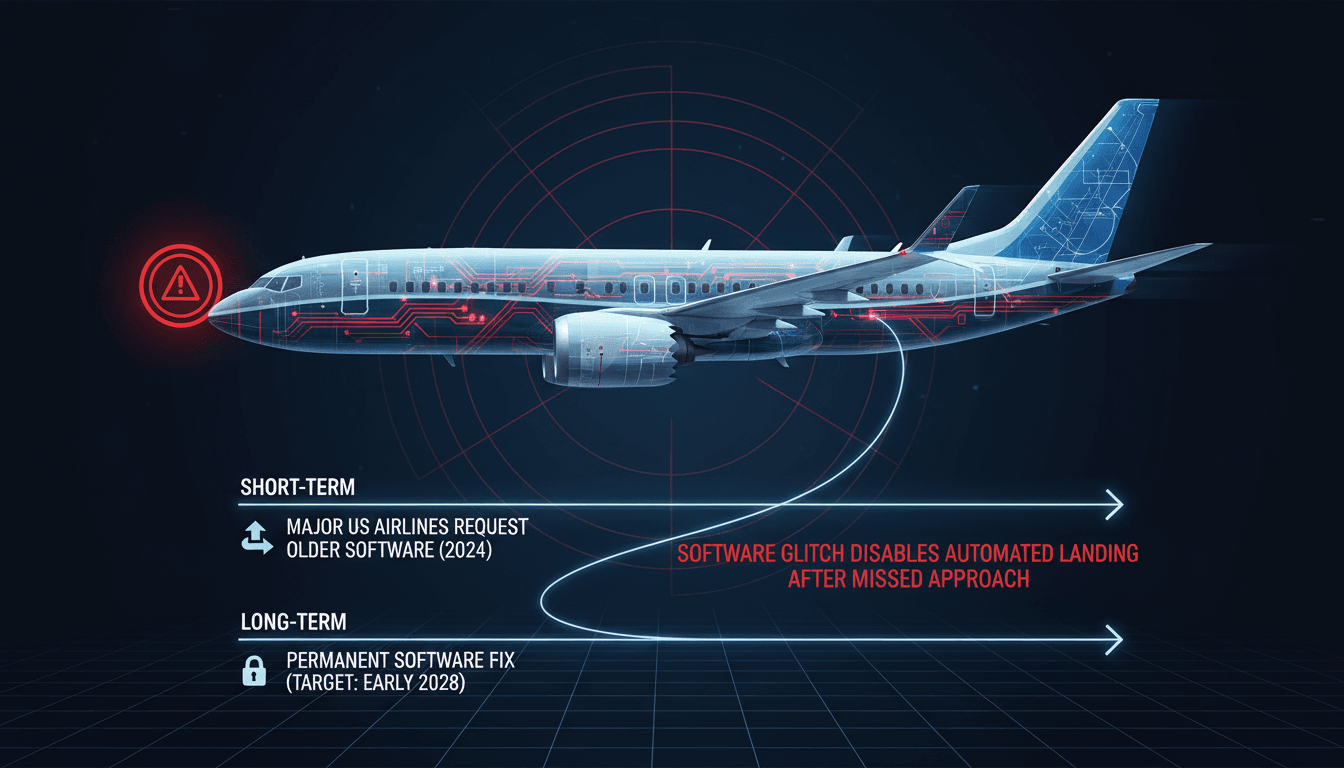 Boeing 737 MAX aircraft with highlighted software issues affecting automated landing navigation.