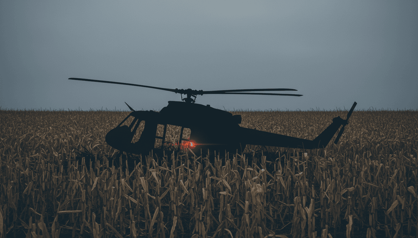A helicopter silhouette against a cornfield backdrop, symbolizing the tragic crash in Quebec.