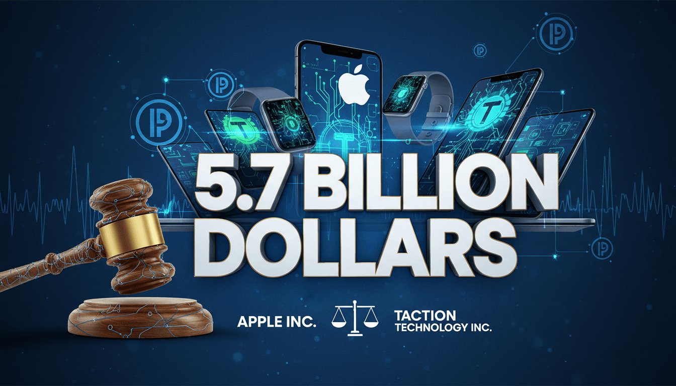 A graphic illustrating the $5.7 billion patent infringement case against Apple, featuring Taction Technology and Apple products.
