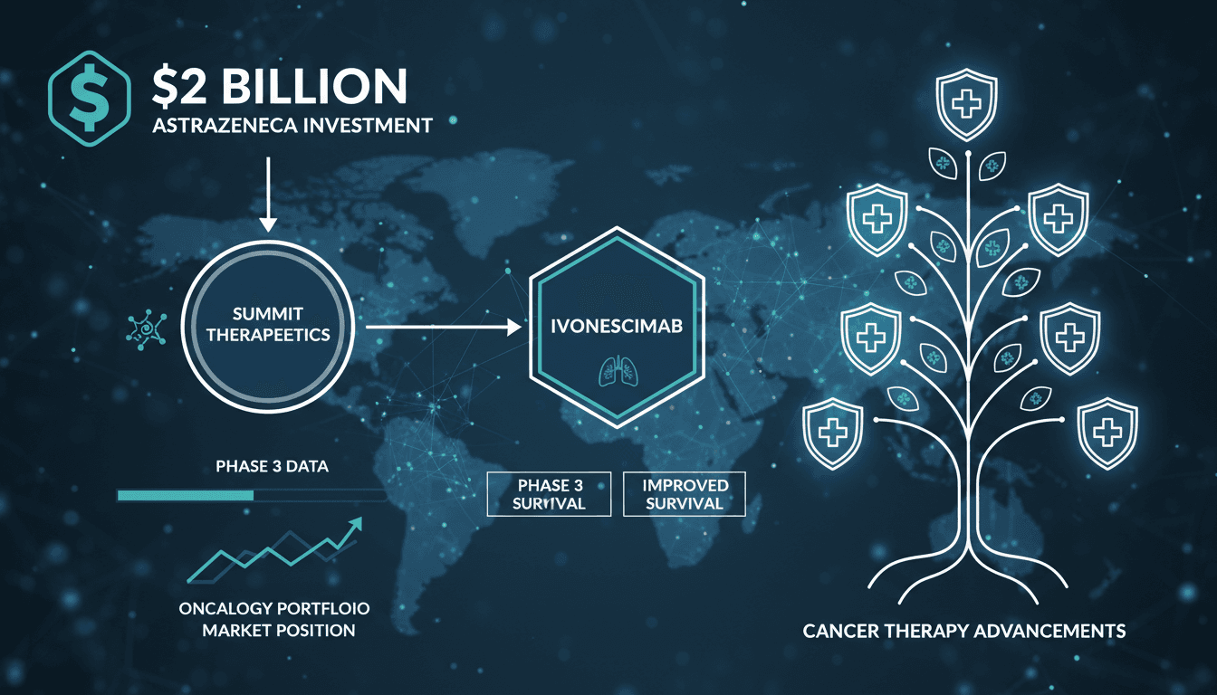 Infographic illustrating AstraZeneca's $2 billion investment in Summit Therapeutics and its impact on cancer therapies.