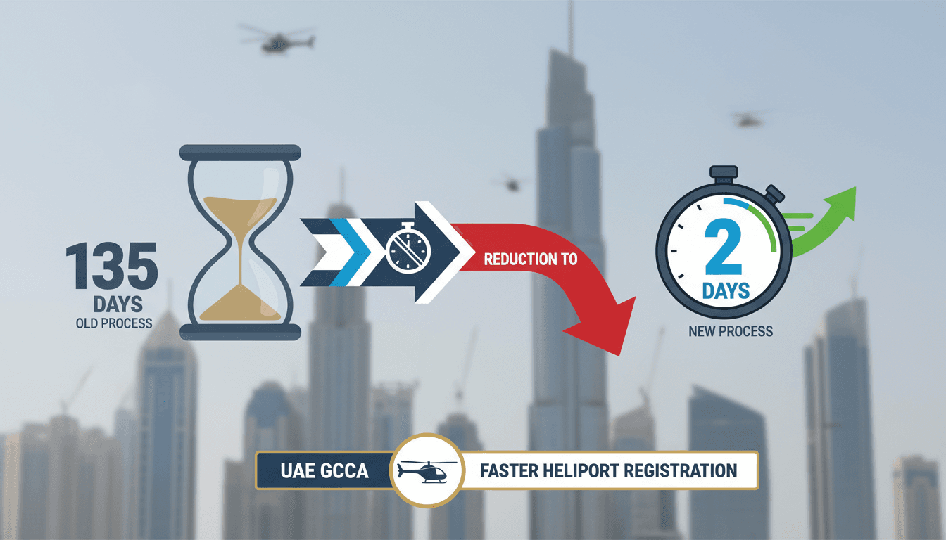 Infographic illustrating the reduction of UAE domestic heliport registration time from 135 days to 2 days.