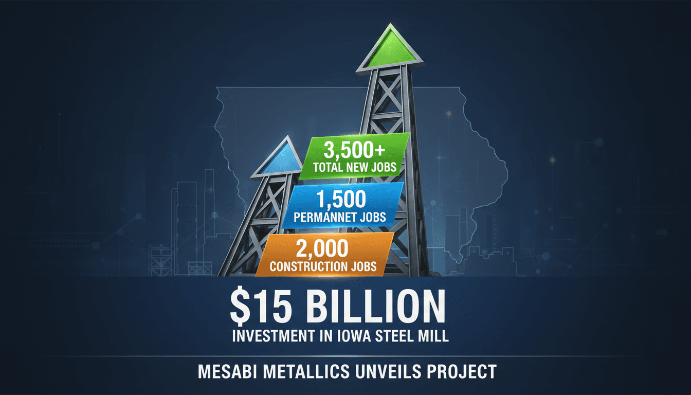 Infographic detailing the $15 billion investment by Mesabi Metallics for a new steel mill in Iowa.