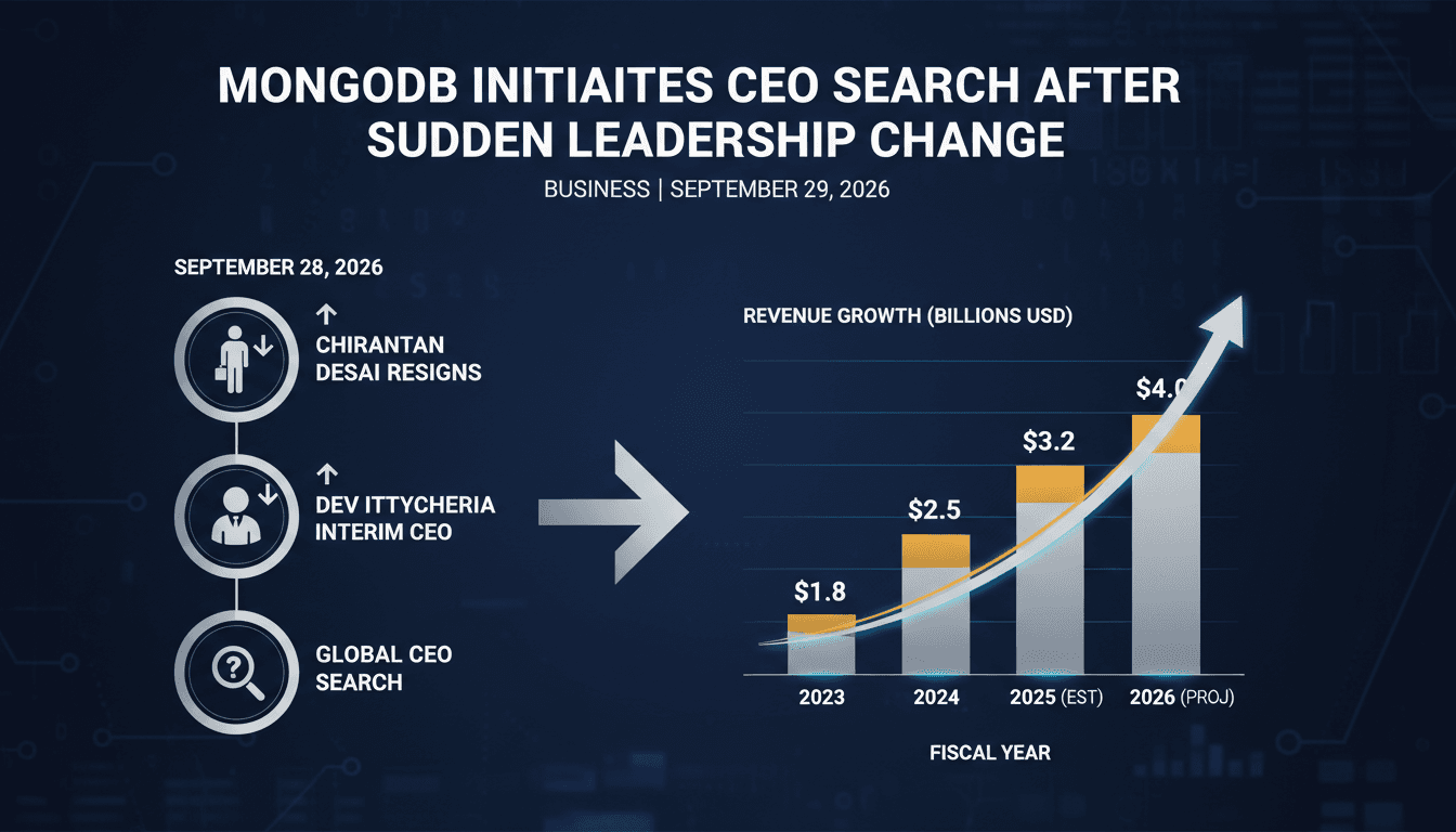 A visual representation of MongoDB's leadership transition and revenue growth statistics.