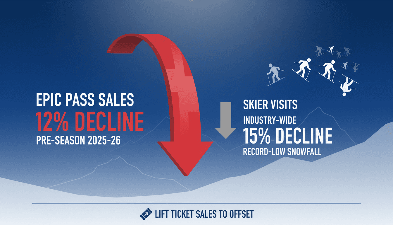 Infographic showing Vail Resorts' 12% decline in Epic Pass sales and skier visit statistics.