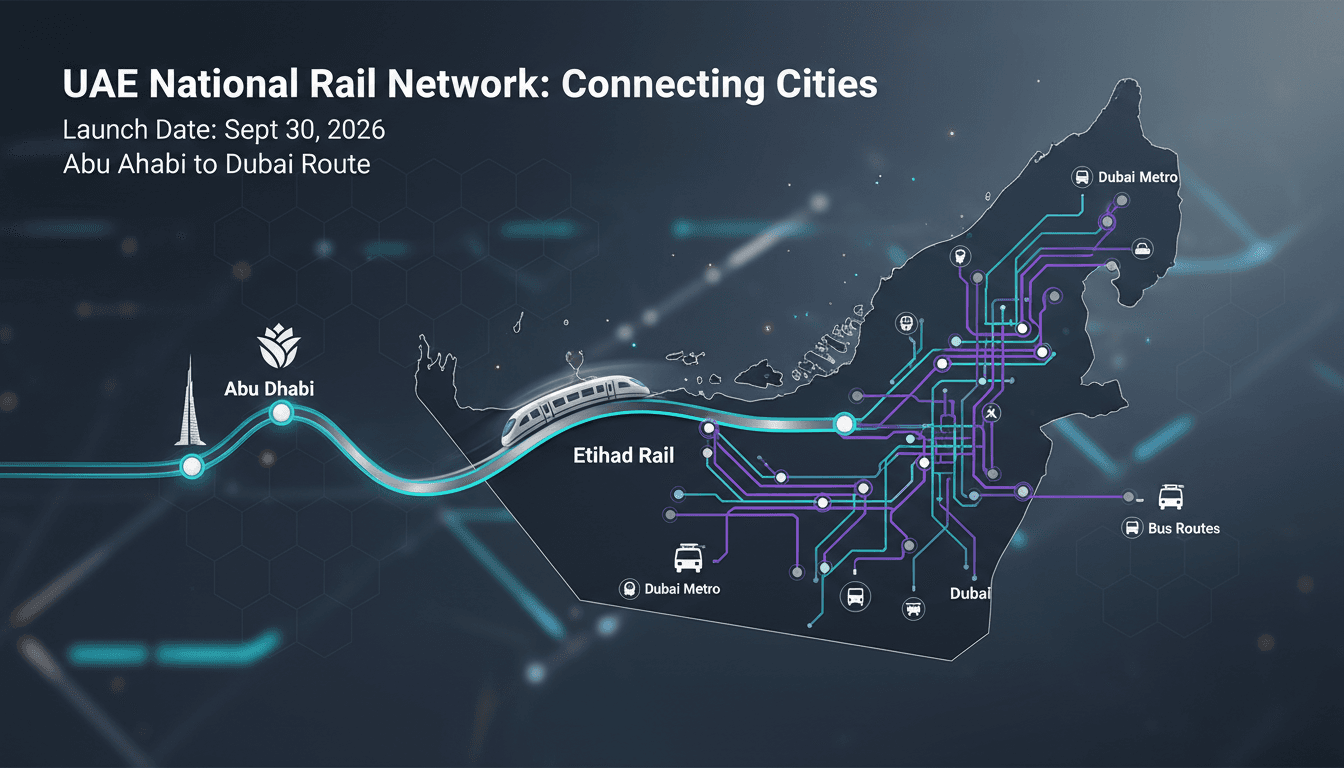 UAE President Mohammed bin Zayed riding the Etihad Rail, showcasing the new national rail network.