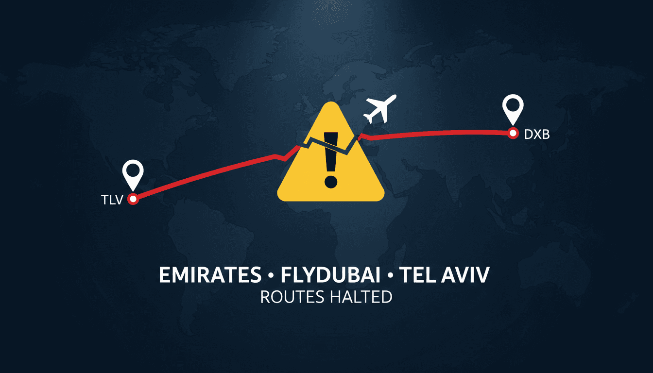 A graphic illustrating the suspended flight routes between Dubai and Tel Aviv with a caution symbol.