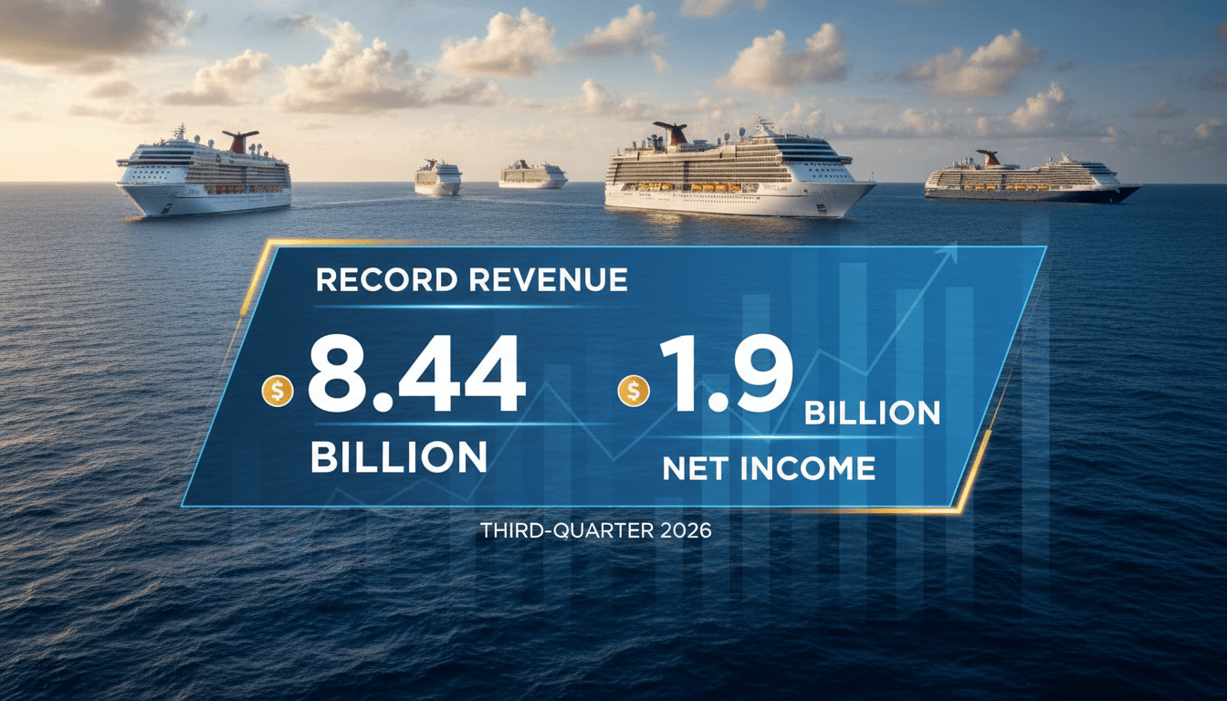 A graphic illustrating Carnival Corporation's record Q3 revenue and net income against a vibrant cruise ship backdrop.