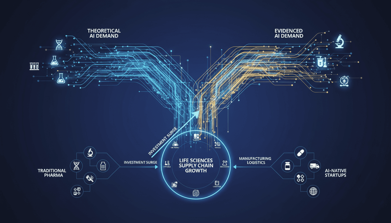 Infographic showing AI demand trends in life sciences, highlighting growth areas and investment shifts.