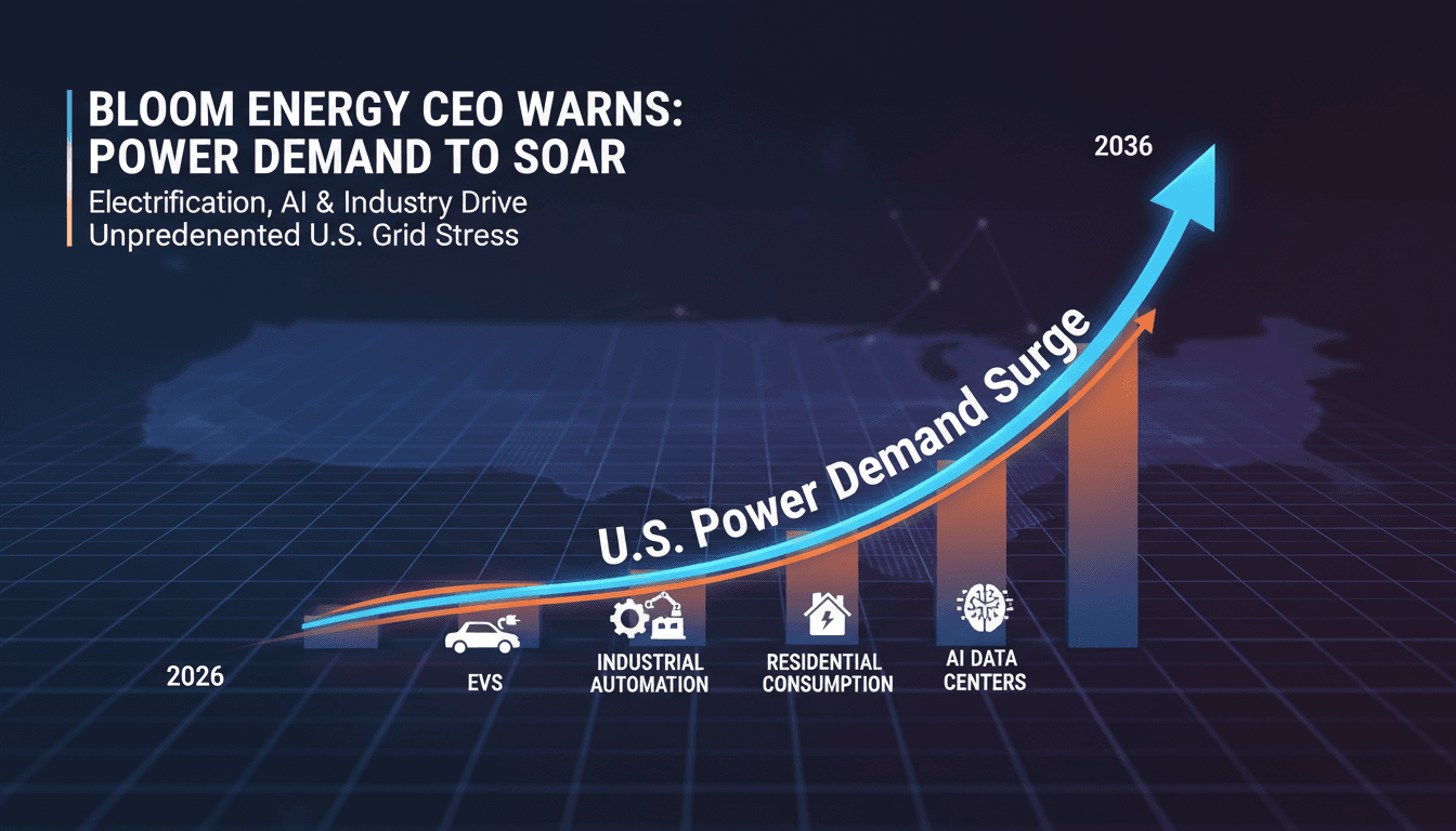 Infographic showing projected rise in U.S. power demand across sectors, highlighting Bloom Energy's role.