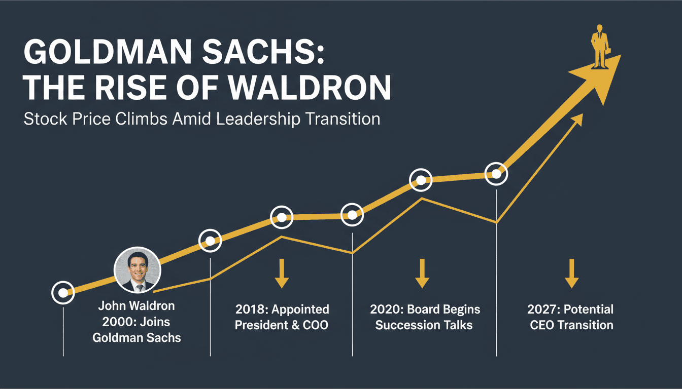Infographic showing Goldman Sachs stock price increase and John Waldron's career milestones.