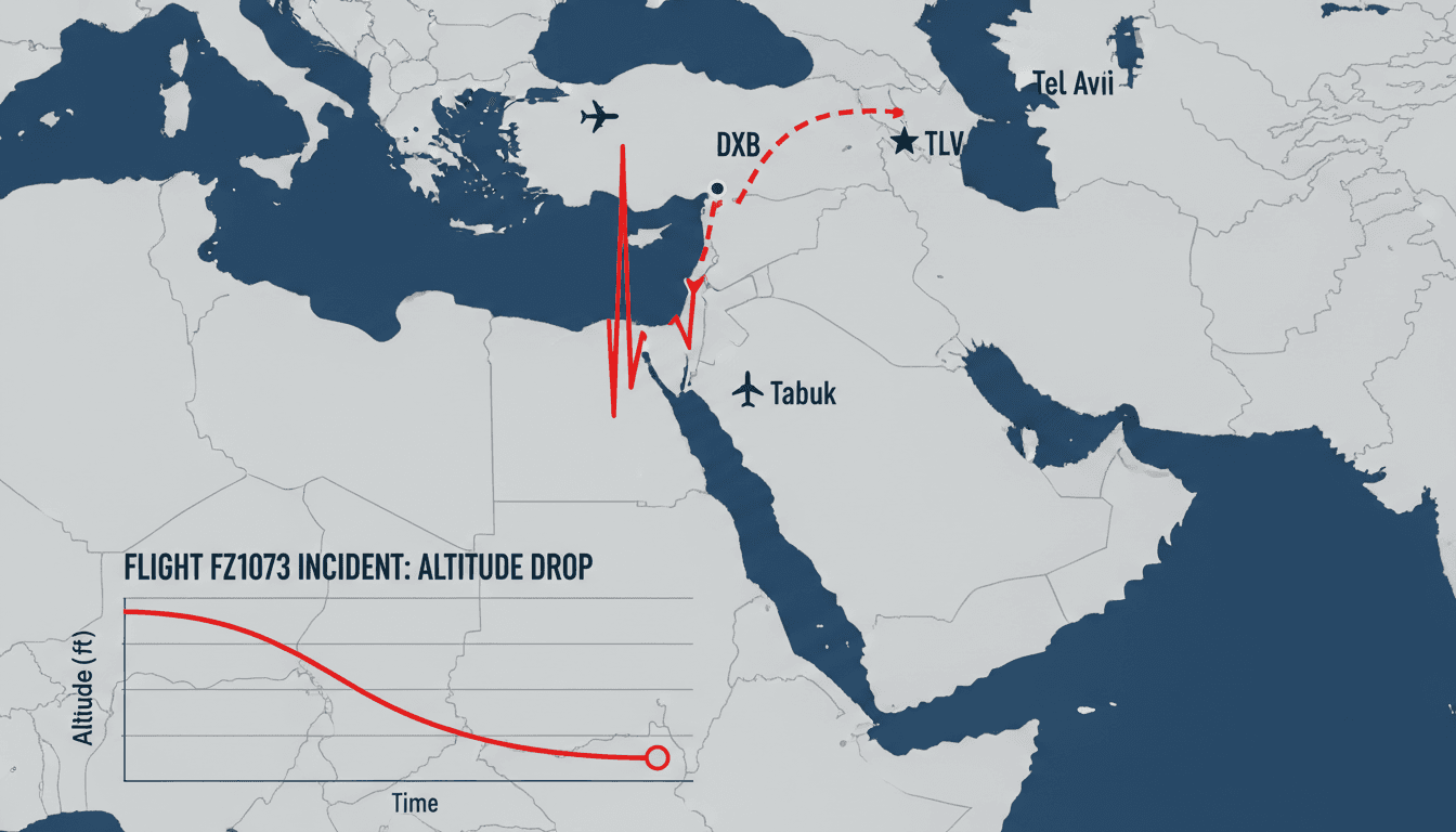 A graphic illustrating the flight path and altitude drop of flydubai flight FZ1073 during the cockpit incident.