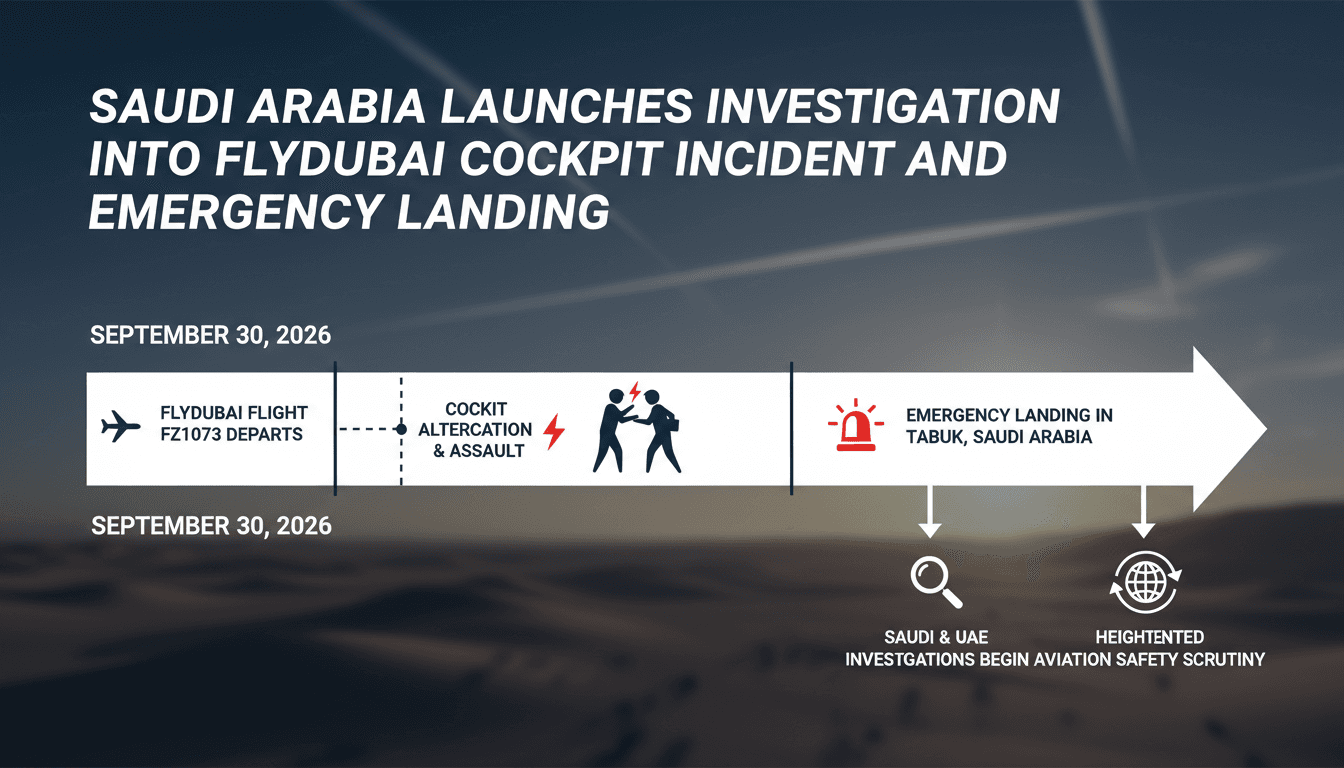 Infographic showing the timeline of the Flydubai cockpit altercation and emergency landing incident.