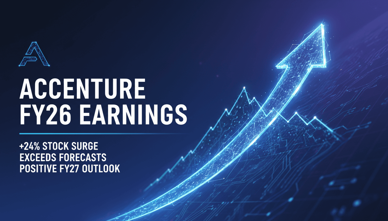 A graphic showing Accenture's stock surge and key earnings metrics amidst AI advancements.
