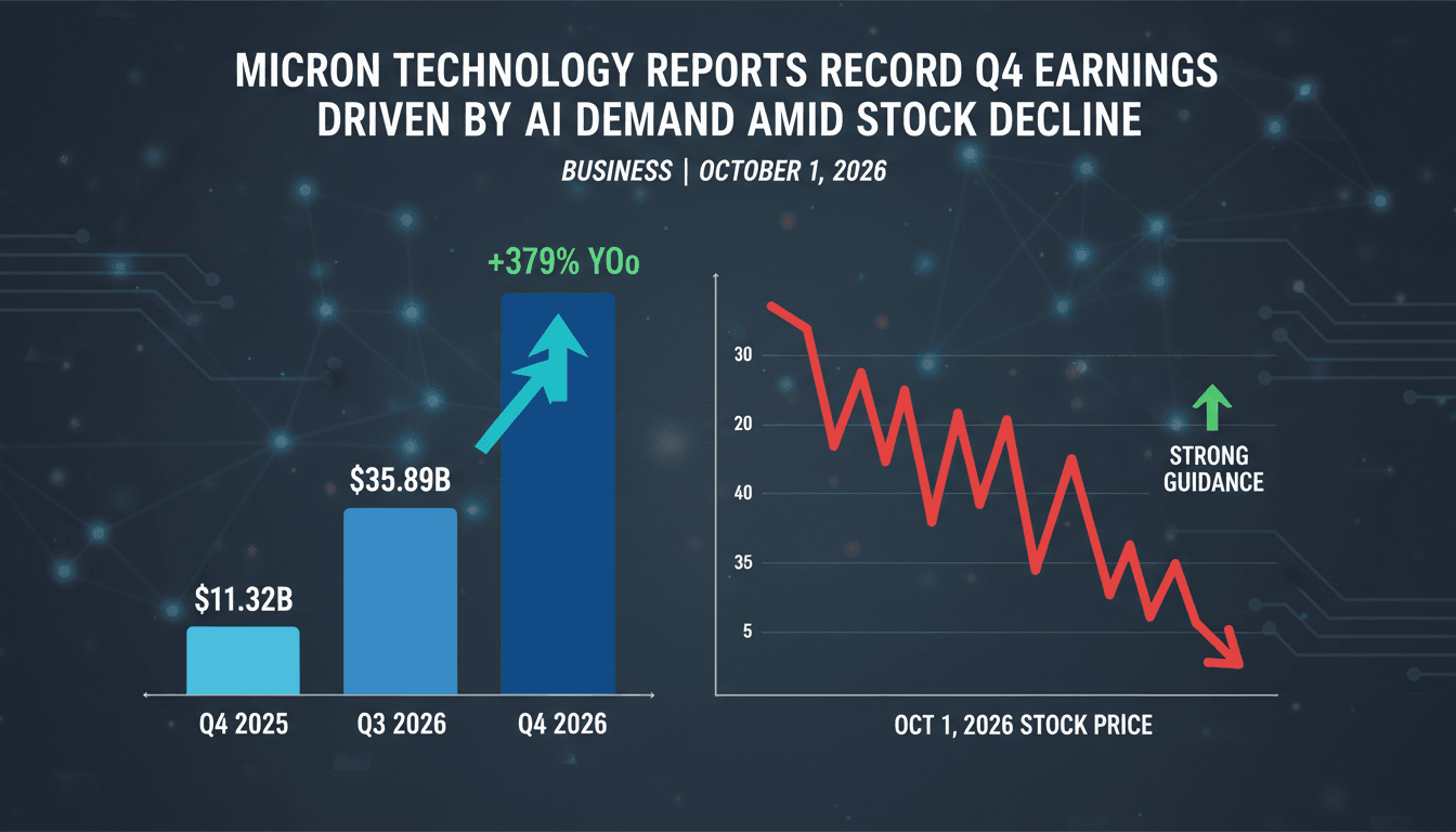 Infographic illustrating Micron Technology's record revenue growth and stock performance trends in Q4 2026.