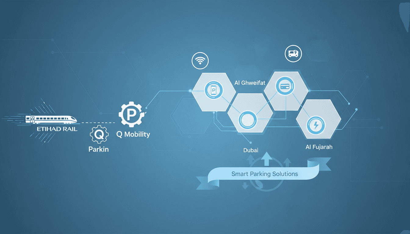 Infographic showing Etihad Rail's smart parking initiative at four stations in the UAE.