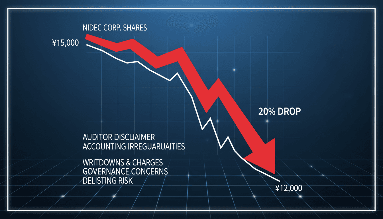 A graphic illustrating Nidec Corporation's share price decline and financial challenges following auditor disclaimer.