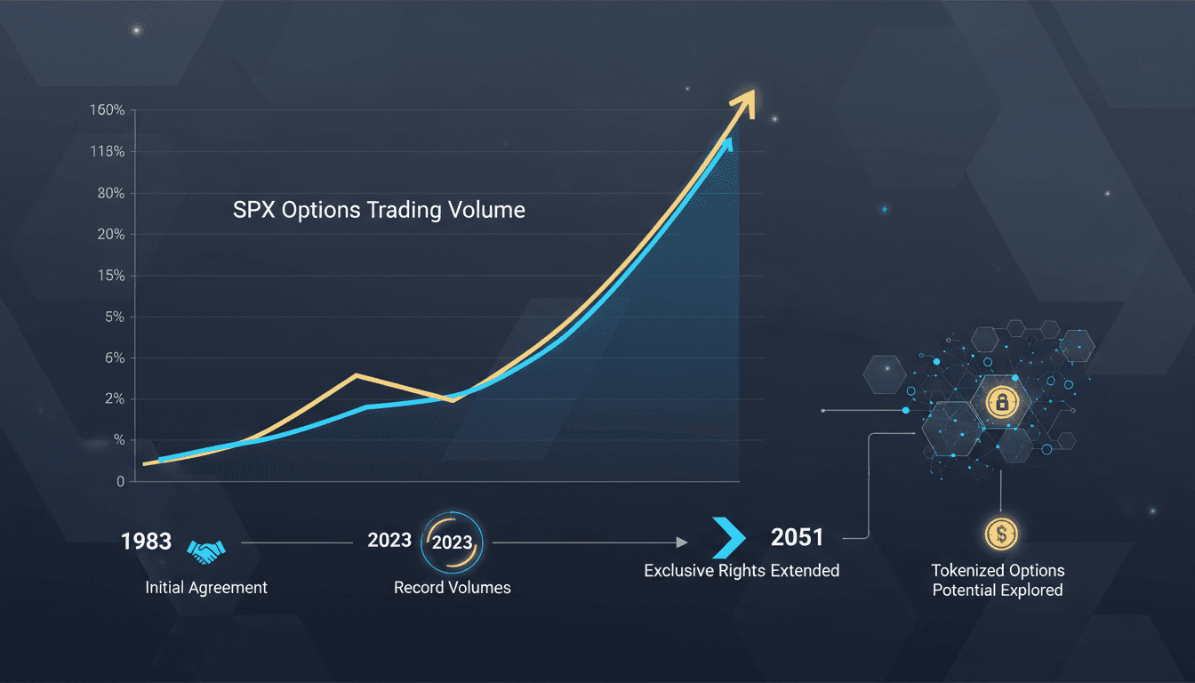 Infographic showing Cboe's SPX options trading volume growth and licensing agreement timeline.