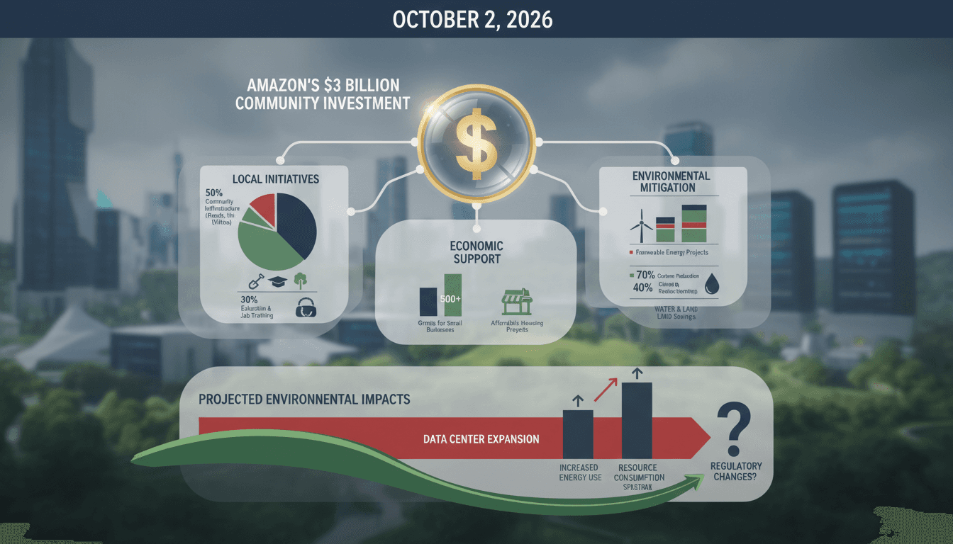 Infographic showing Amazon's $1 billion investment and environmental impact of data centers.