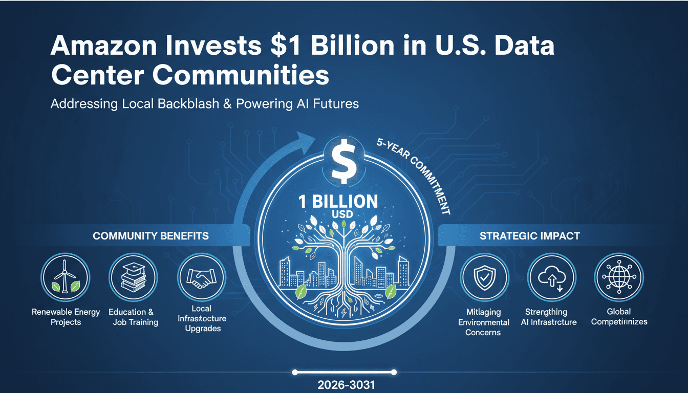 Infographic illustrating Amazon's $1 billion investment in U.S. data center communities and its focus on sustainability and transparency.