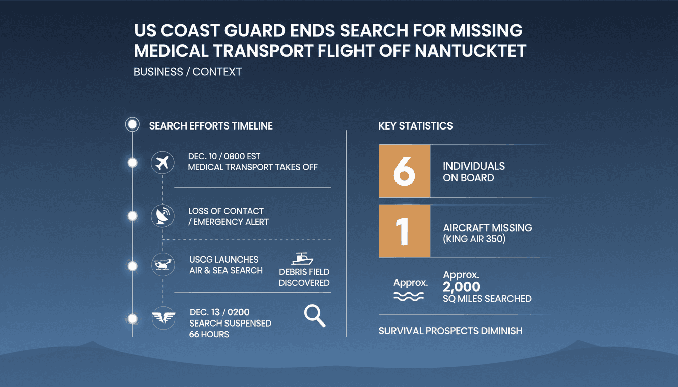 A graphic depicting the timeline and details of the missing medical transport flight incident off Nantucket.