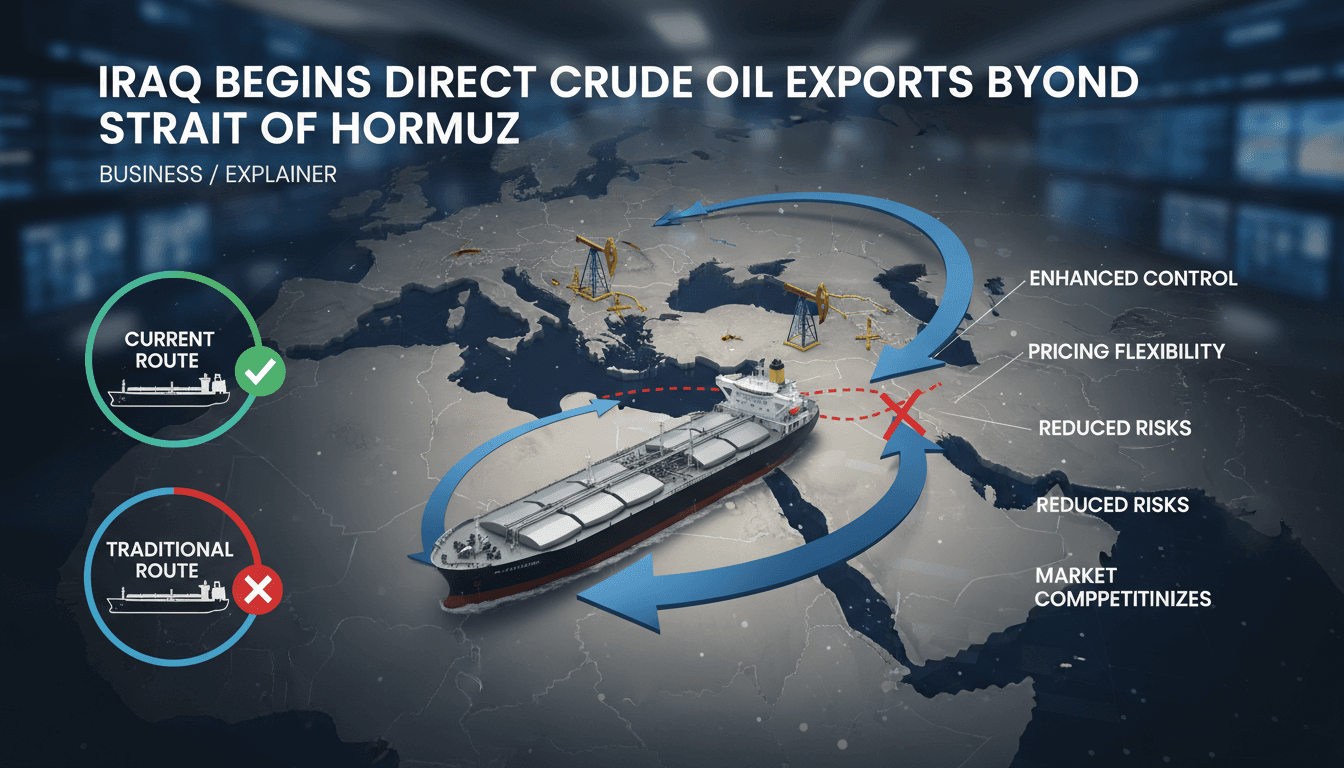A map showing Iraq's oil export routes and the new VLCC tanker strategy beyond the Strait of Hormuz.