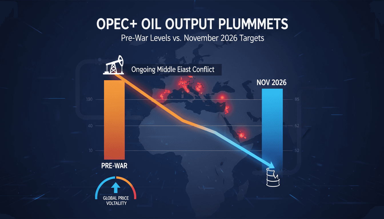 Infographic showing OPEC+ oil production levels and the impact of the Middle East conflict on global supply.