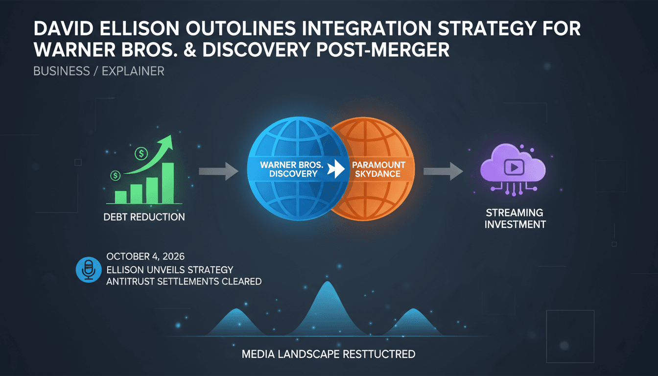 Infographic showing David Ellison's Warner Bros. integration strategy and its impact on the media landscape.