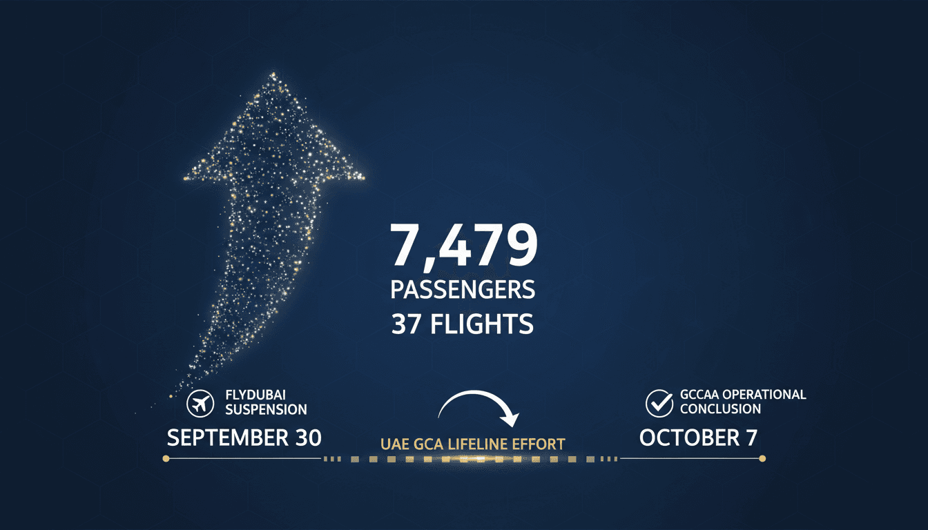 Infographic showing the transfer of 7,479 passengers from Dubai to Tel Aviv, highlighting the efficiency of the UAE GCAA's operations.
